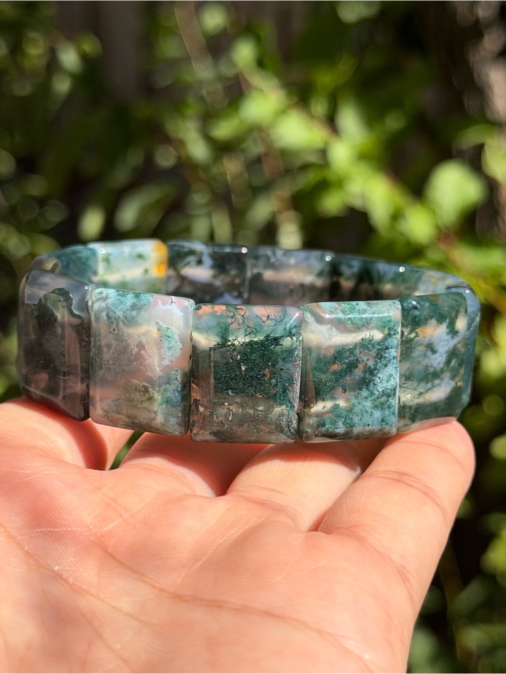 Moss Agate Square Stretch Bracelet - Green and White Palo
